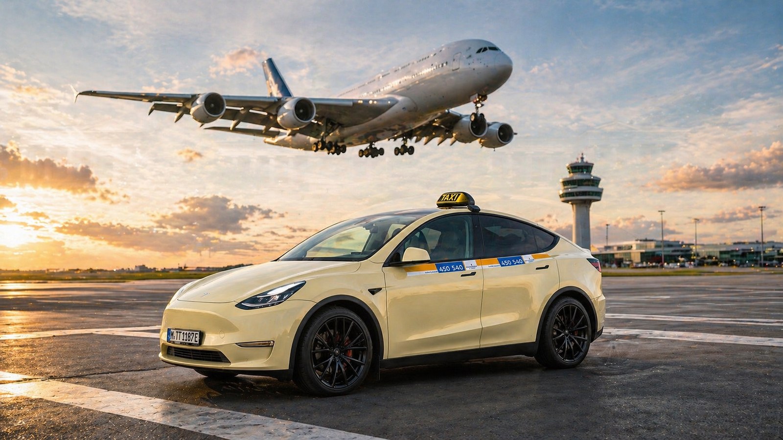 Tesla Model Y Flughafentransfer München – Taxiunternehmen 1187 vor dem Flughafen MUC